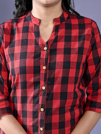 Women Regular Fit Red Checkered Mandarin Collar Casual Shirt
