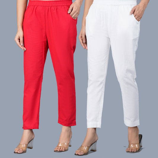 Pack Of 2 Womens Regular Fit Red And White Fully Elastic Waistband Cotton Trouser