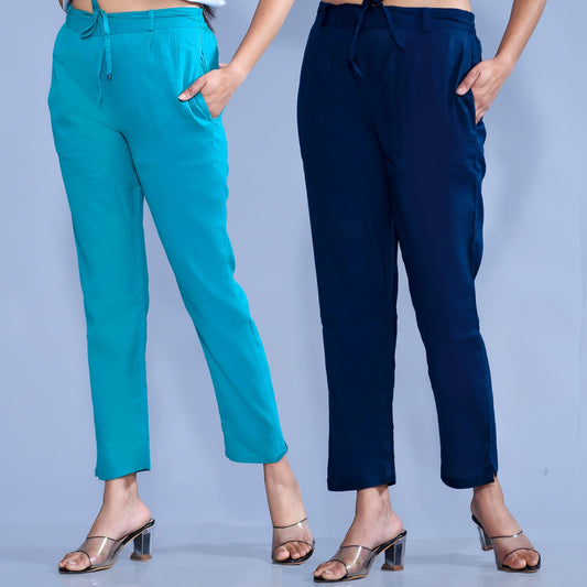 Pack Of 2 Womens Regular Fit Blue And Teal Blue Cotton Slub Belt Pant Combo
