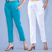 Pack Of 2 Womens Regular Fit Blue And White Cotton Slub Belt Pant Combo