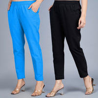 Pack Of 2 Womens Regular Fit SKy Blue And Black Fully Elastic Waistband Cotton Trouser