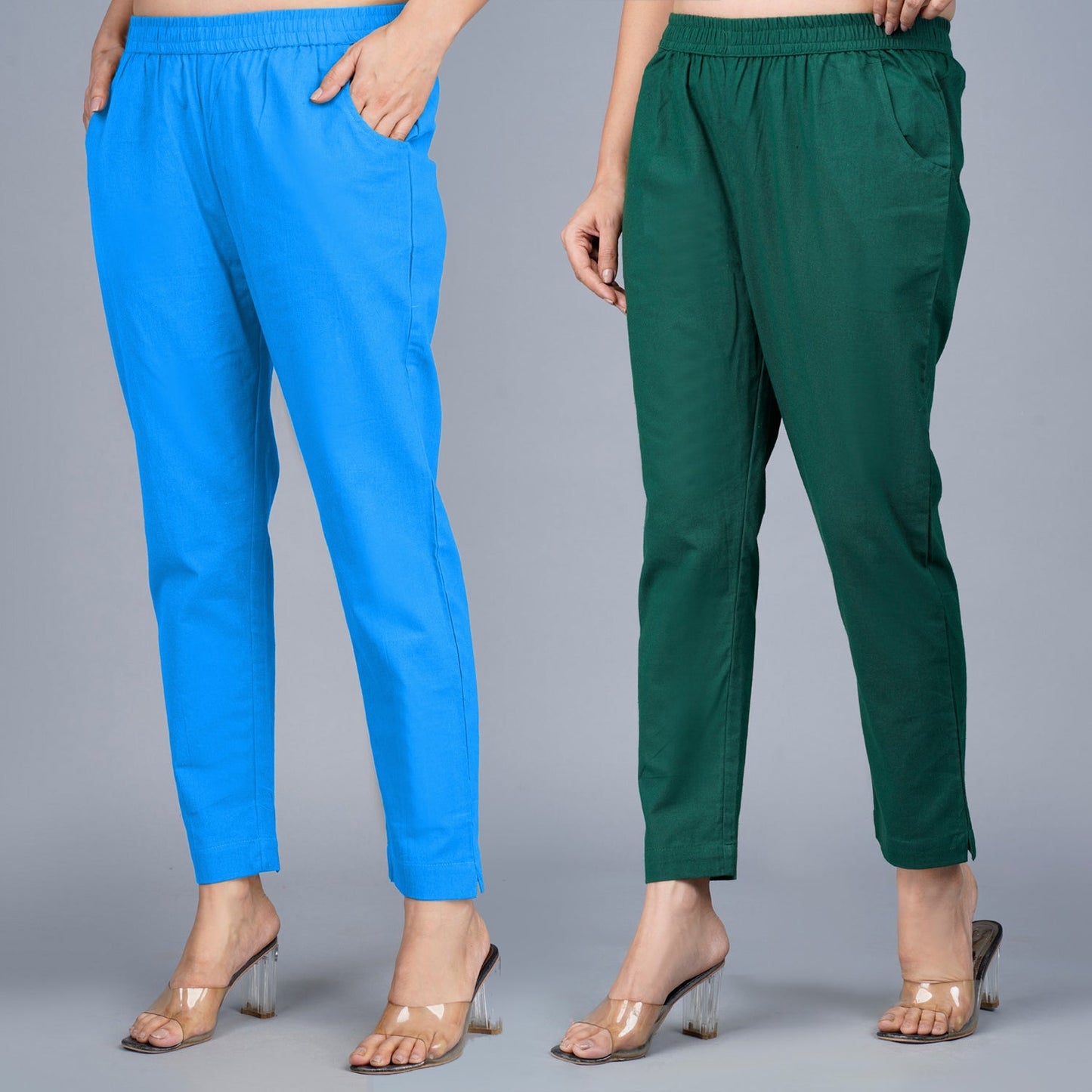 Pack Of 2 Womens Regular Fit SKy Blue And Bottle Green Fully Elastic Waistband Cotton Trouser
