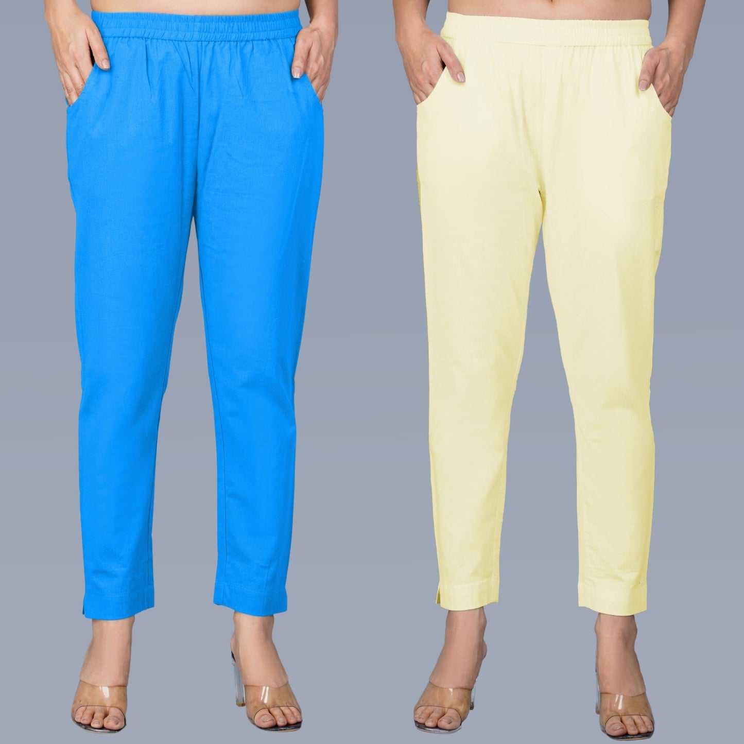 Pack Of 2 Womens Regular Fit SKy Blue And Cream Fully Elastic Waistband Cotton Trouser