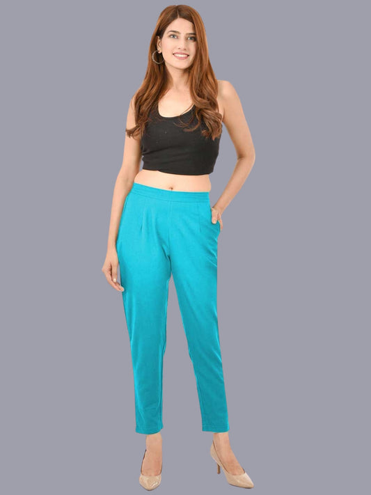 Women Regular Fit Sky Blue Cotton Trouser