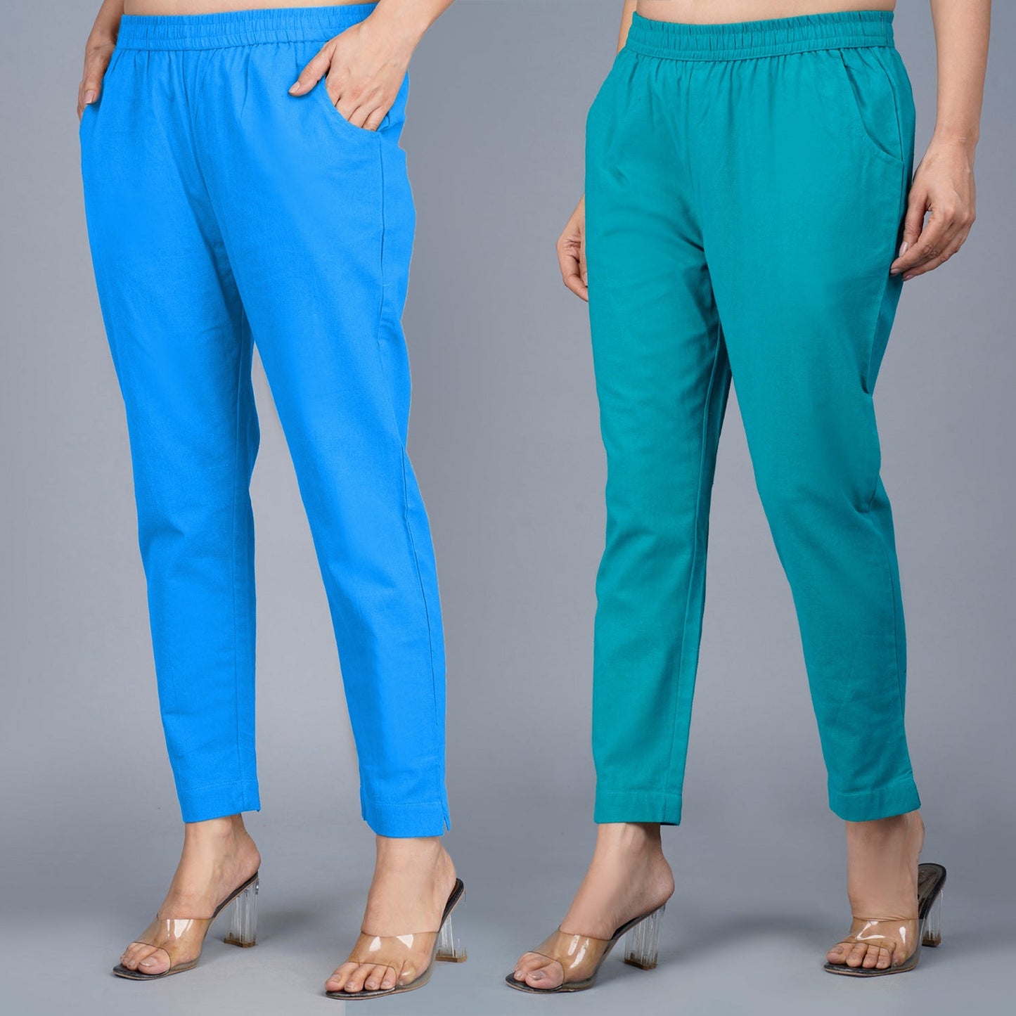 Pack Of 2 Womens Regular Fit SKy Blue And Cyan Fully Elastic Waistband Cotton Trouser