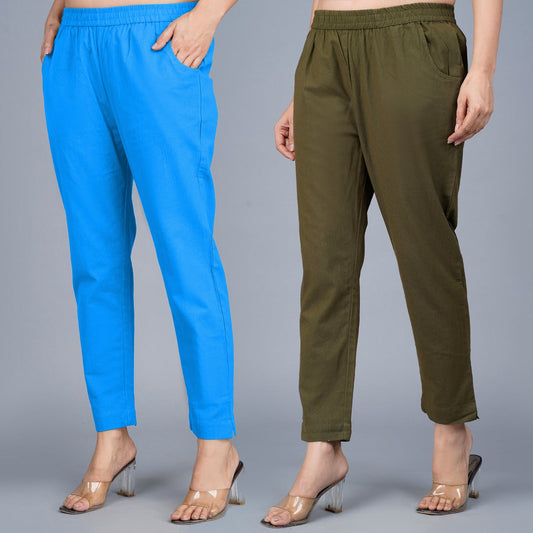 Pack Of 2 Womens Regular Fit SKy Blue And Dark Green Fully Elastic Waistband Cotton Trouser