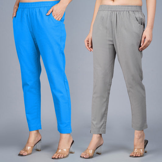 Pack Of 2 Womens Regular Fit SKy Blue And Grey Fully Elastic Waistband Cotton Trouser