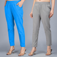 Pack Of 2 Womens Regular Fit SKy Blue And Grey Fully Elastic Waistband Cotton Trouser