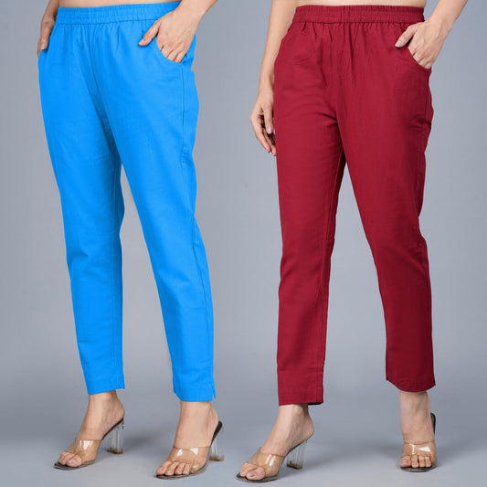 Pack Of 2 Womens Regular Fit SKy Blue And Maroon Fully Elastic Waistband Cotton Trouser