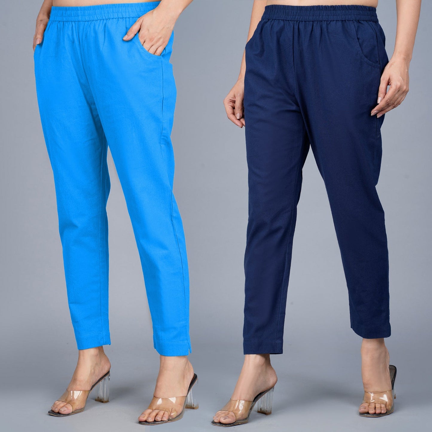 Pack Of 2 Womens Regular Fit SKy Blue And Navy Blue Fully Elastic Waistband Cotton Trouser