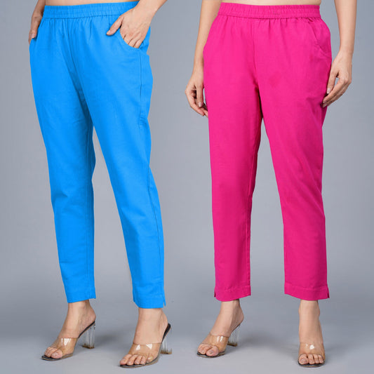 Pack Of 2 Womens Regular Fit SKy Blue And Rani Fully Elastic Waistband Cotton Trouser