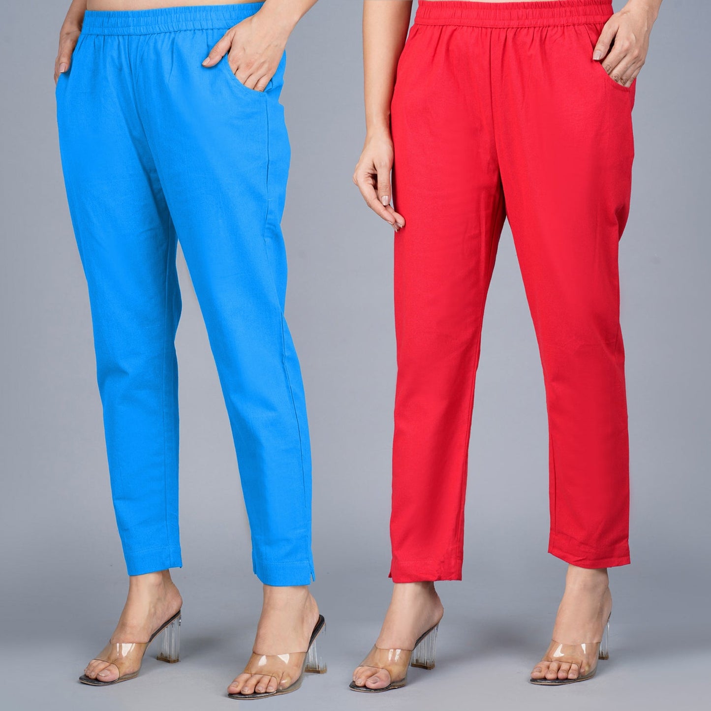 Pack Of 2 Womens Regular Fit SKy Blue And Red Fully Elastic Waistband Cotton Trouser