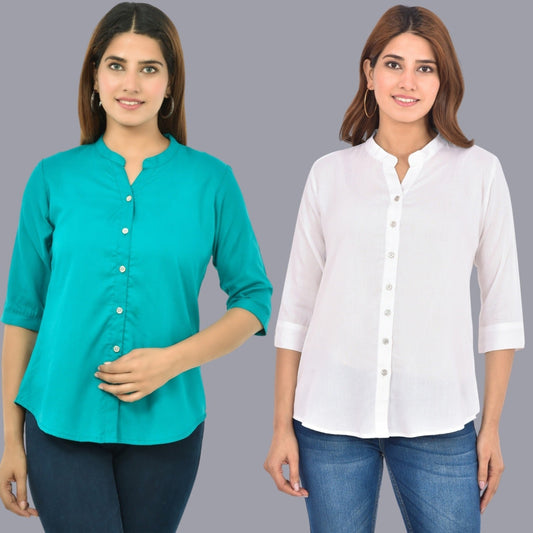 Pack Of 2 Womens  Solid Sky Blue and White Rayon Chinese Collar Shirts Combo
