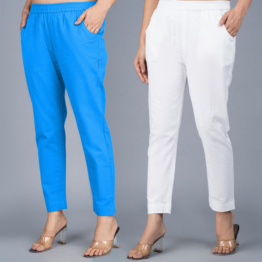 Pack Of 2 Womens Regular Fit SKy Blue And White Fully Elastic Waistband Cotton Trouser