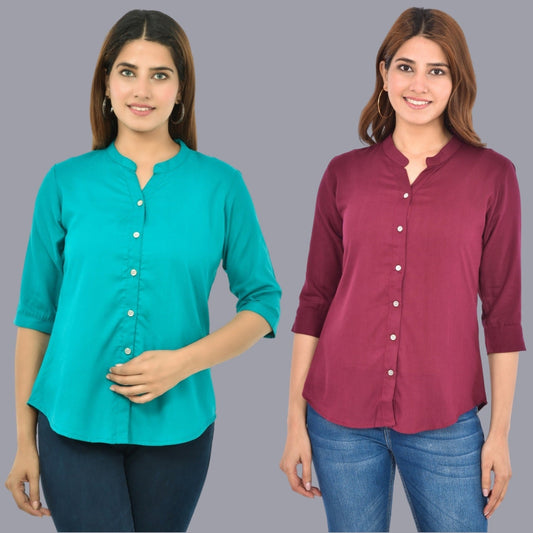 Pack Of 2 Womens  Solid Sky Blue and Wine Rayon Chinese Collar Shirts Combo