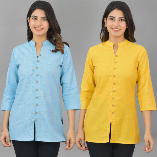 Pack Of 2 Womens Sky Blue And Yellow Woven Design Handloom Cotton Frontslit Short Kurtis