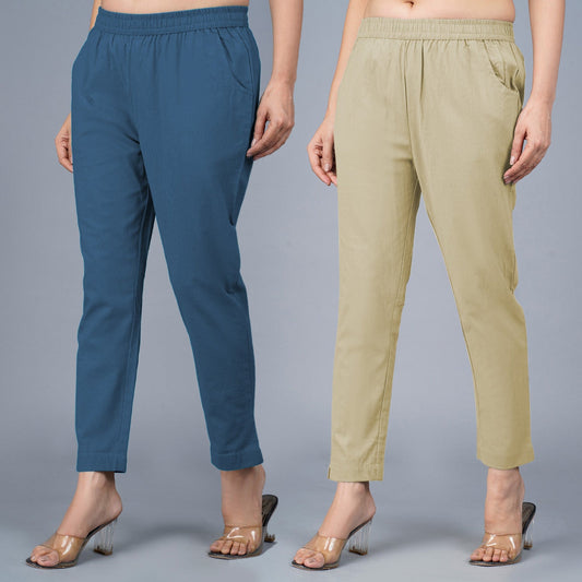 Pack Of 2 Womens Regular Fit Teal Blue And Beige Fully Elastic Waistband Cotton Trouser