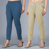 Pack Of 2 Womens Regular Fit Teal Blue And Beige Fully Elastic Waistband Cotton Trouser