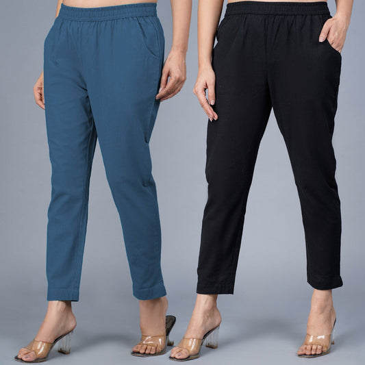 Pack Of 2 Womens Regular Fit Teal Blue And Black Fully Elastic Waistband Cotton Trouser