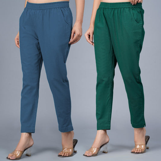 Pack Of 2 Womens Regular Fit Teal Blue And Bottle Green Fully Elastic Waistband Cotton Trouser
