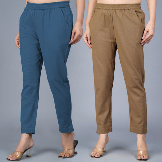 Pack Of 2 Womens Regular Fit Teal Blue And Brown Fully Elastic Waistband Cotton Trouser