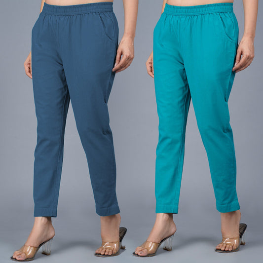 Pack Of 2 Womens Regular Fit Teal Blue And Cyan Fully Elastic Waistband Cotton Trouser