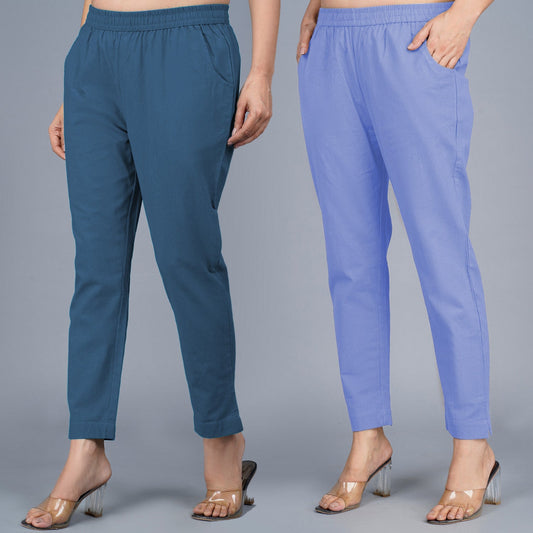 Pack Of 2 Womens Regular Fit Teal Blue And Denim Blue Fully Elastic Waistband Cotton Trouser