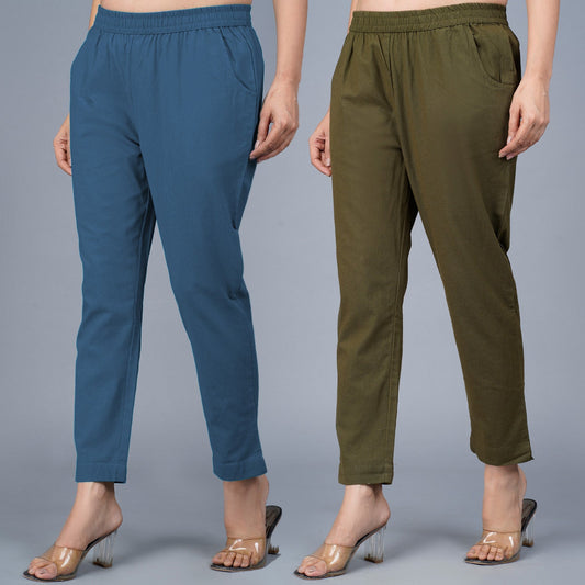 Pack Of 2 Womens Regular Fit Teal Blue And Dark Green Fully Elastic Waistband Cotton Trouser