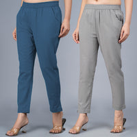 Pack Of 2 Womens Regular Fit Teal Blue And Grey Fully Elastic Waistband Cotton Trouser