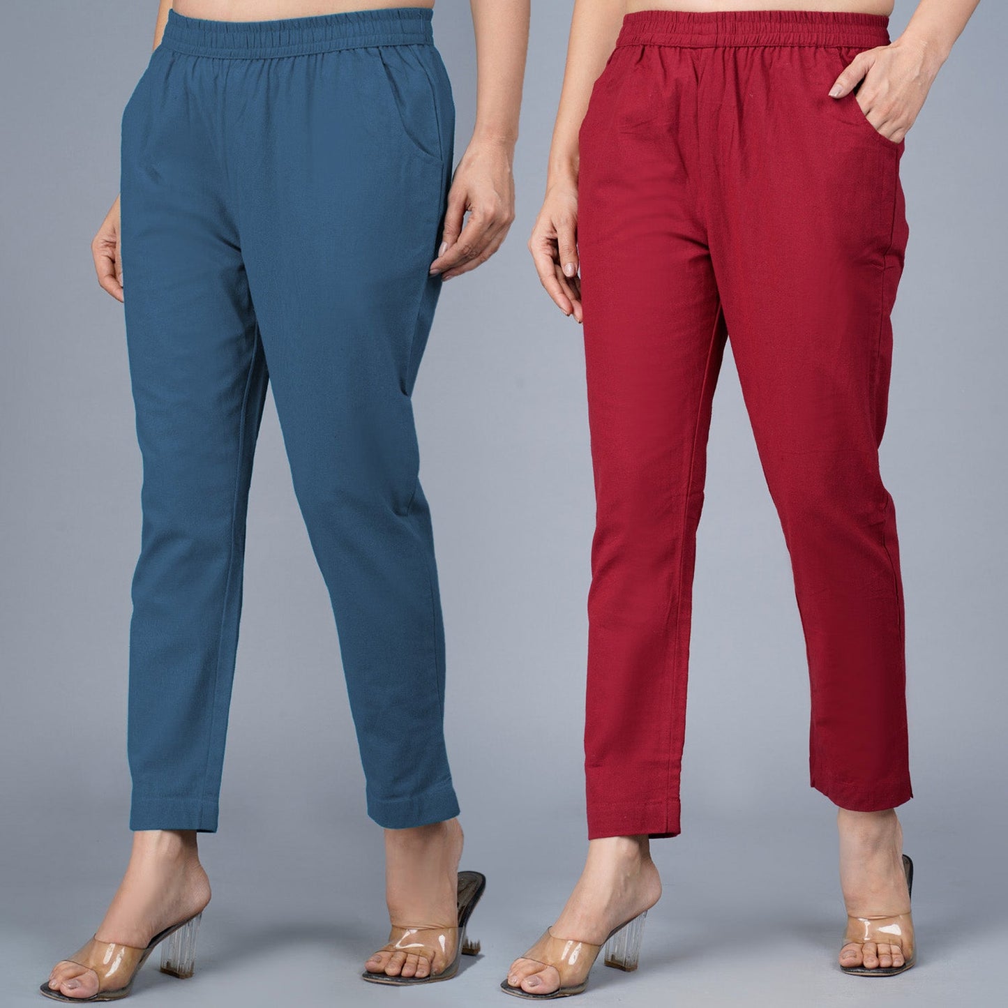 Pack Of 2 Womens Regular Fit Teal Blue And Maroon Fully Elastic Waistband Cotton Trouser
