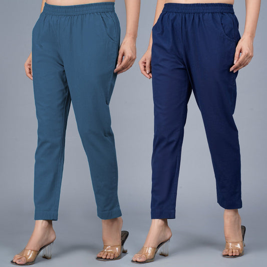 Pack Of 2 Womens Regular Fit Teal Blue And Navy Blue Fully Elastic Waistband Cotton Trouser