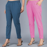 Pack Of 2 Womens Regular Fit Teal Blue And Pink Fully Elastic Waistband Cotton Trouser
