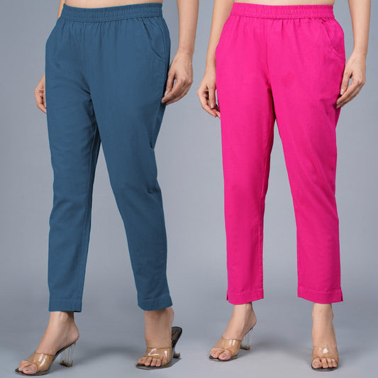 Pack Of 2 Womens Regular Fit Teal Blue And Rani Pink Fully Elastic Waistband Cotton Trouser