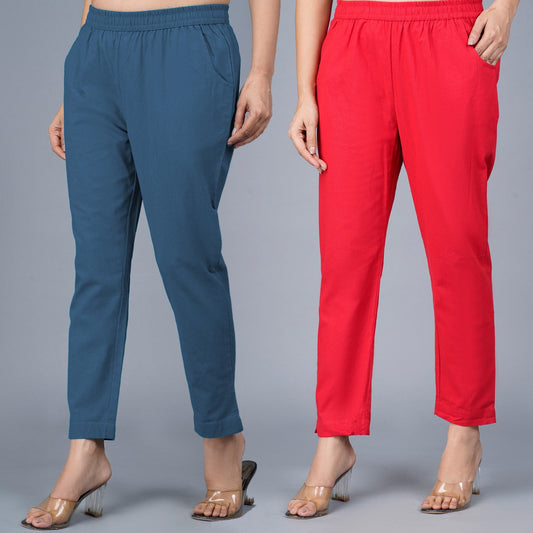 Pack Of 2 Womens Regular Fit Teal Blue And Red Fully Elastic Waistband Cotton Trouser