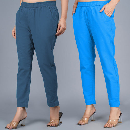 Pack Of 2 Womens Regular Fit Teal Blue And Sky Blue Fully Elastic Waistband Cotton Trouser