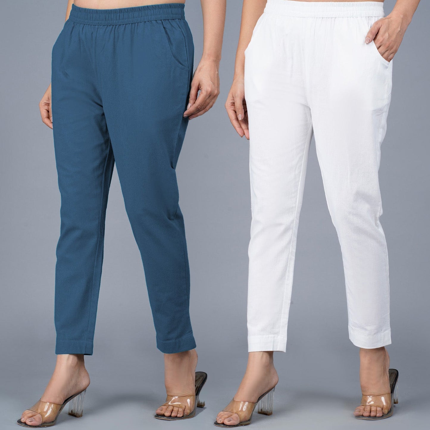Pack Of 2 Womens Regular Fit Teal Blue And White Fully Elastic Waistband Cotton Trouser