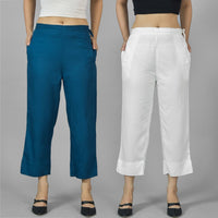 Pack Of 2 Womens Teal Blue And White Ankle Length Rayon Culottes Trouser Combo