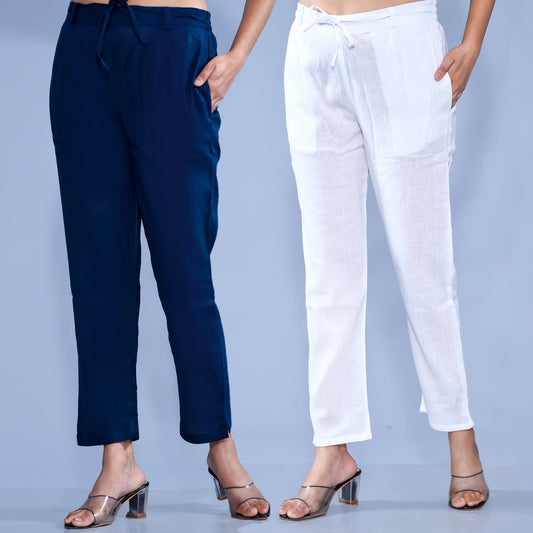 Pack Of 2 Womens Regular Fit Teal Blue And White Cotton Slub Belt Pant Combo