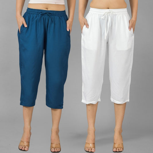 Pack Of 2 Women Teal Blue And White Calf Length Rayon Culottes Trouser Combo