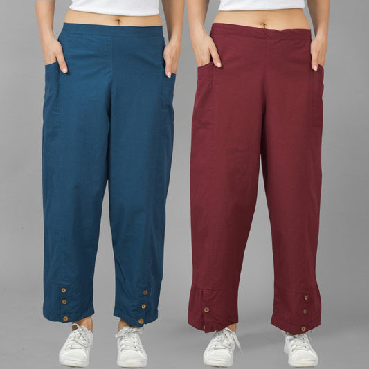 Combo Pack Of Womens Teal Blue And Wine Side Pocket Straight Cargo Pants