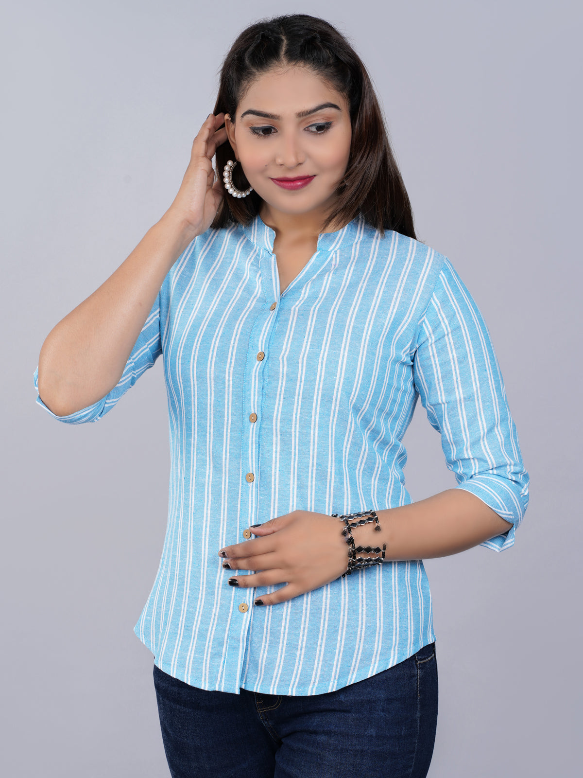 Womens Turquoise Mangoline Striped Casual Shirt