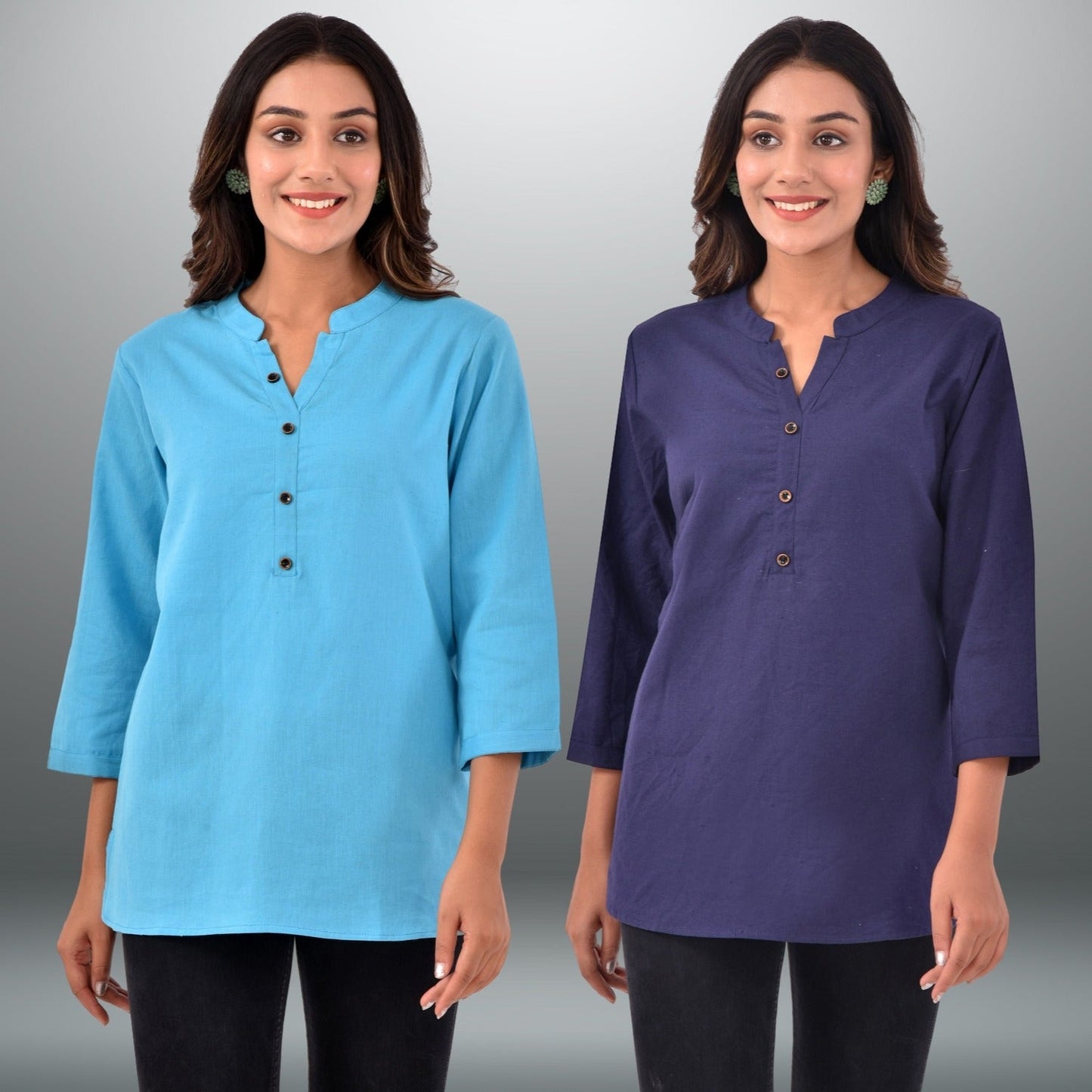 Pack Of 2 Womens Regular Fit Turquoise And Navy Blue Three Fourth Sleeve Cotton Tops Combo