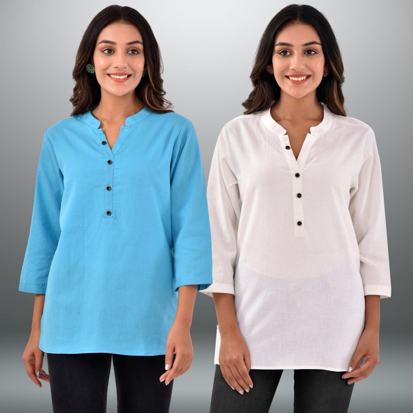 Pack Of 2 Womens Regular Fit Turquoise And White Three Fourth Sleeve Cotton Tops Combo