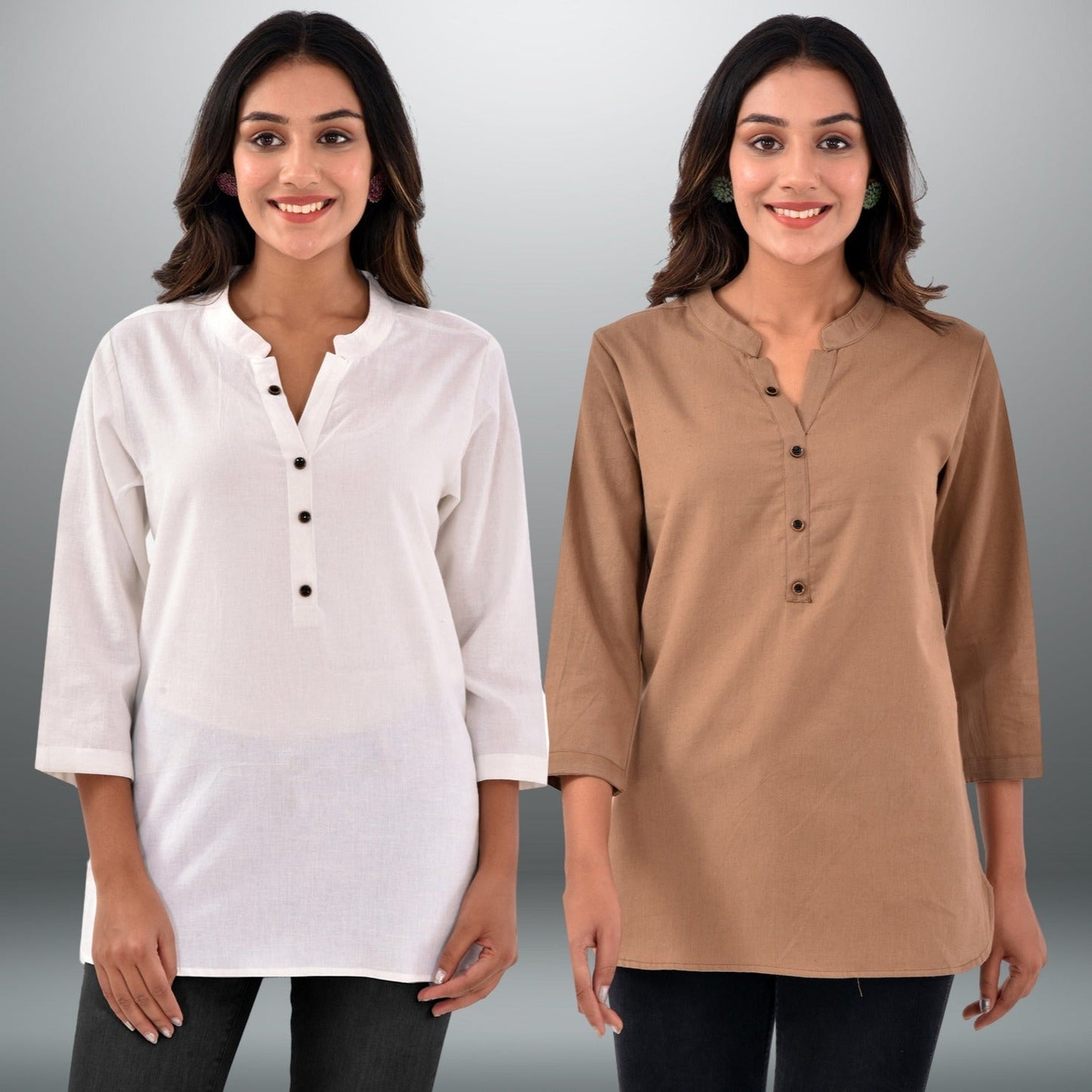 Pack Of 2 Womens Regular Fit White And Brown Three Fourth Sleeve Cotton Tops Combo