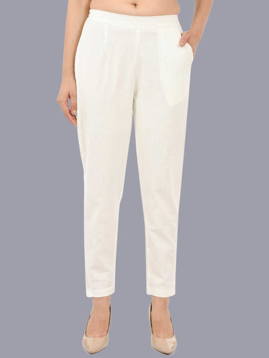 Women Regular Fit White Cotton Trouser