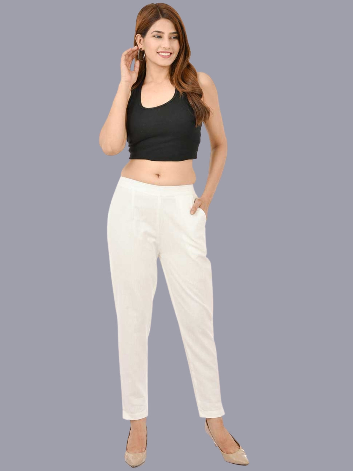 Women Regular Fit White Cotton Trouser