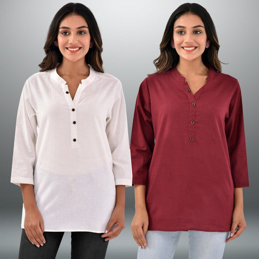 Pack Of 2 Womens Regular Fit White And Wineree Fourth Sleeve Cotton Tops Combo