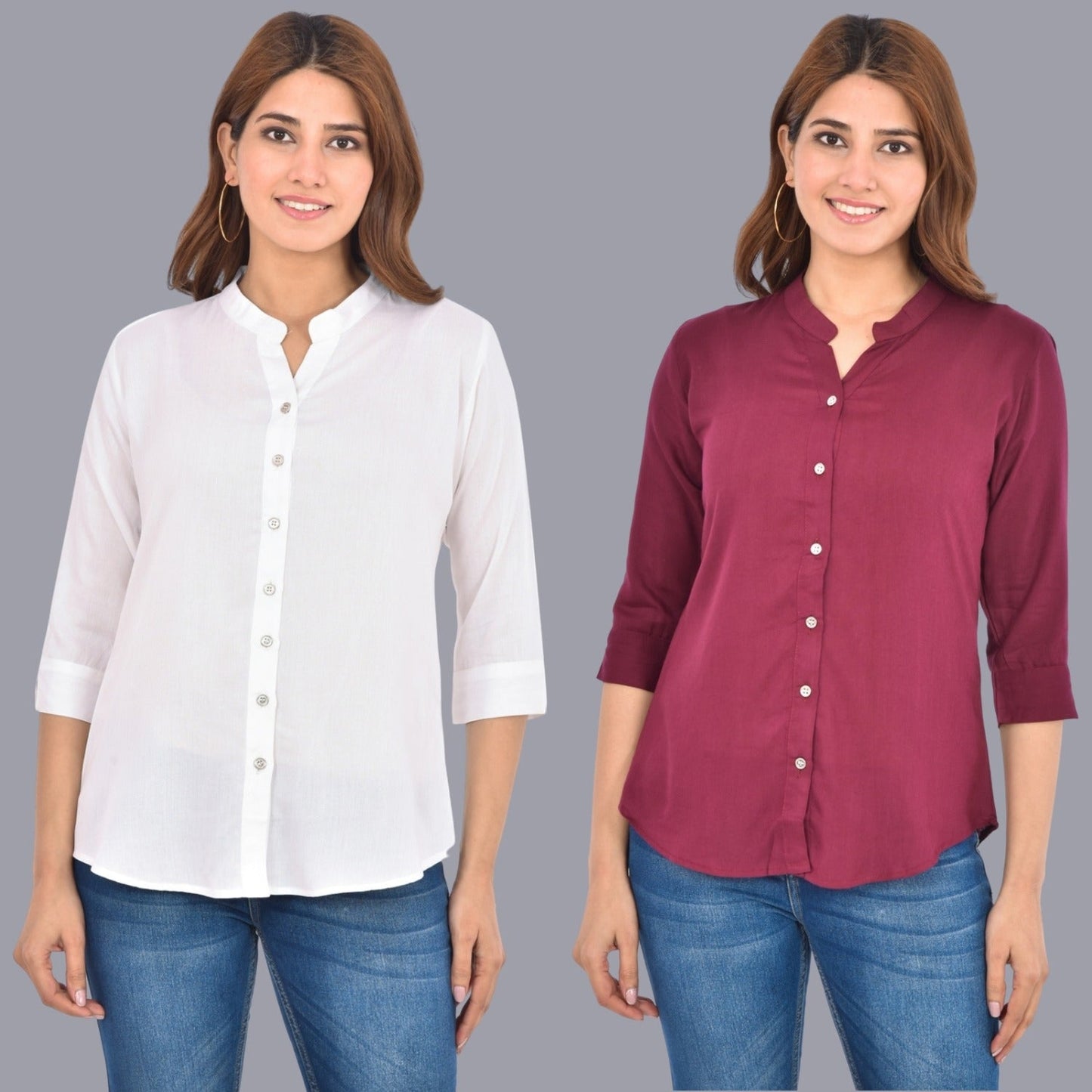 Pack Of 2 Womens  Solid White and Wine Rayon Chinese Collar Shirts Combo