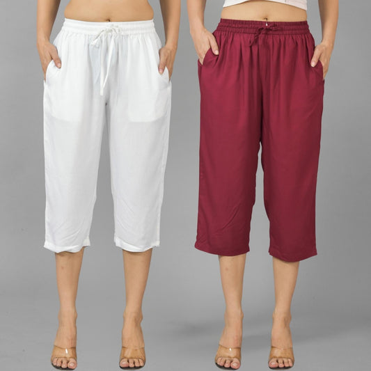 Pack Of 2 Women White And Wine Calf Length Rayon Culottes Trouser Combo