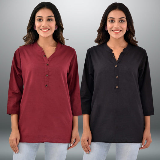 Pack Of 2 Womens Regular Fit Wine And Black Three Fourth Sleeve Cotton Tops Combo
